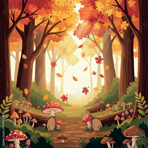 autumn, tree, landscape, nature, vector, illustration, leaf, season, fall, house, flower, farm, summer, forest, grass, plant, sky, cartoon, garden, spring, field, leaves, village, design, art