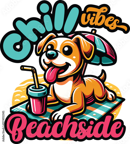 Happy dog enjoying beachside chill vibes with drink puppy seaside