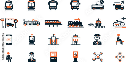Vehicle public transport line icon set. Vector pictograms of metro, tram, monorail, ferry, bike, wheelchair, electric bus, thin linear illustration