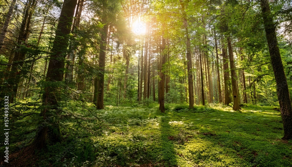 Fototapeta premium lush greenery illuminated by sunlight in serene forest nature s beauty