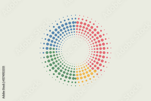 A colorful circle pattern made of dots arranged in a spiral shape against a light beige background