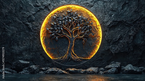 Illuminated tree of life carved into a dark stone wall.