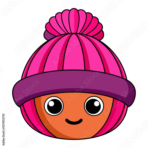 Cute cartoon face wearing a pink bobble hat happy smiling