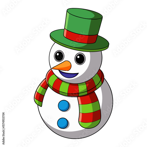 Cartoon snowman with green hat and striped scarf winter holiday
