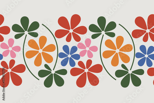Colorful flower pattern with red orange blue pink and green flowers on a white background repeating design