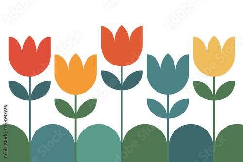 A simple design featuring five colorful tulip flowers with green stems and leaves on a white background
