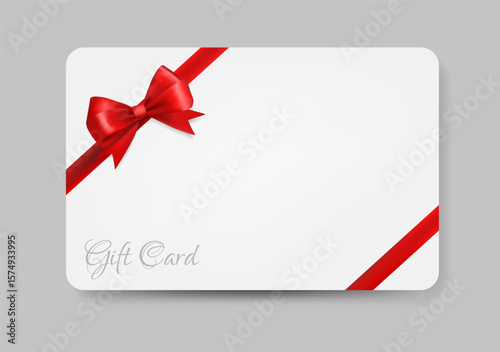 Minimalistic white gift card with a glossy red ribbon and bow, diagonally wrapped. The card has rounded corners and subtle shadows, for use in promotions, holiday gifting, special occasions