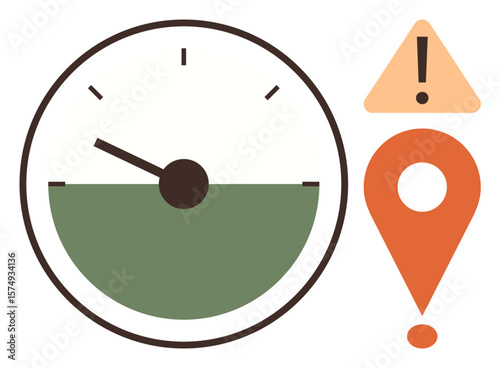Speedometer with half-green gauge, orange exclamation alert, and map pin highlights caution, monitoring, and urgency. Ideal for navigation, risk, deadlines, efficiency tracking safety simple flat