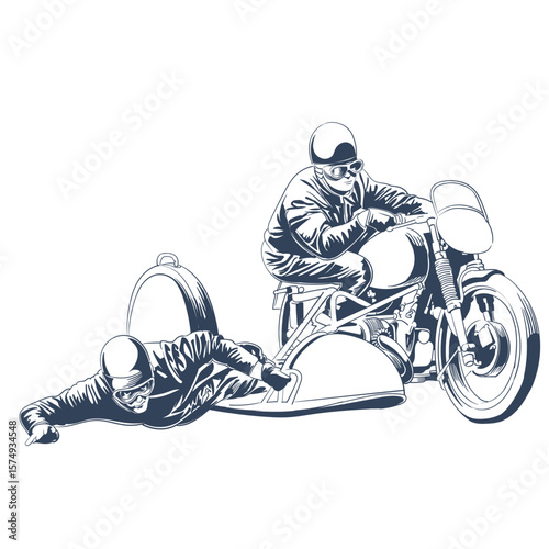 Classic motorcycle sidecar racing vector illustration with two riders in action wearing helmets and racing suits