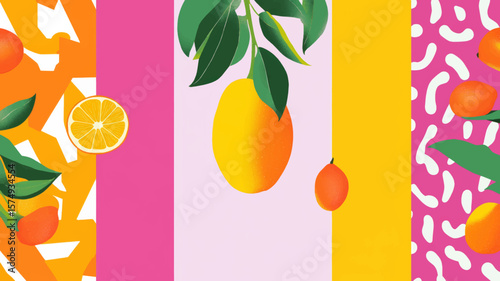 Colorful vector background, tropical fruit, trees, leaves and pattern. Banner, flyer flat modern illustration background.