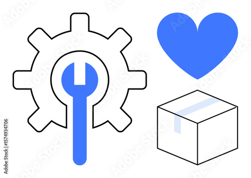 Gear with centered wrench, blue heart, and packaged box emphasize repair tools, product delivery, and customer care. Ideal for solutions, service, logistics, innovation support engagement simple