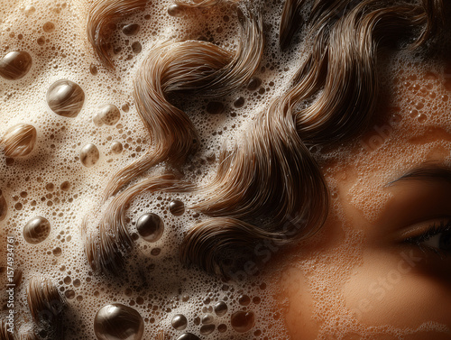 Detailed Macro Shot of Wet Afro Hair with Bubbles