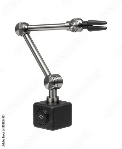 Articulated arm manipulator with magnetic base and rotary joints for positioning tasks in electronics assembly.