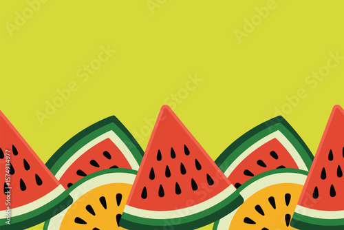 Illustration of red and yellow watermelon slices against a light green background border design