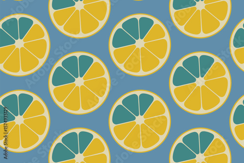Repeating pattern of lemon slices with yellow and teal sections on a light blue background design element