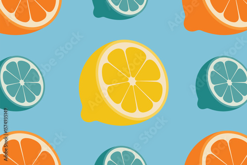 Repeating pattern of sliced lemons limes and oranges on a light blue background flat vector design