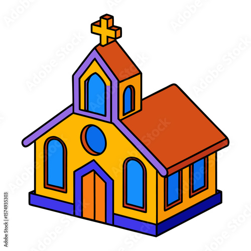 Stylized church with cross and arched windows building religious