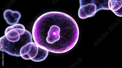 Glowing purple cells with internal structures, floating in dark space