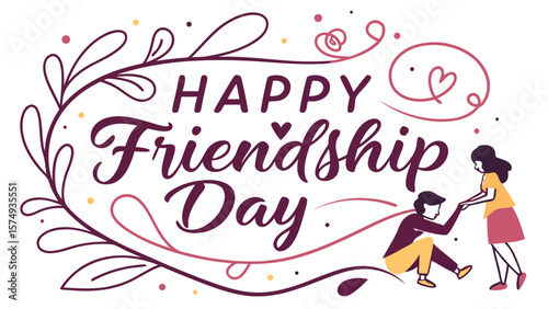 Happy friendship day vector illustration with friends helping each other and floral decorations art design