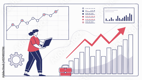 Business growth analysis and financial report with data analytics and market trend visualization for success