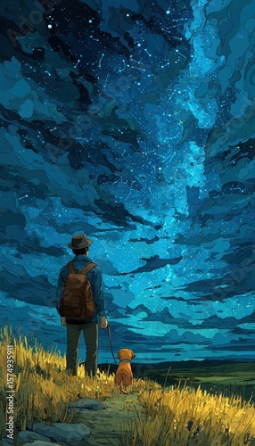 A person and dog stargazing under a night sky