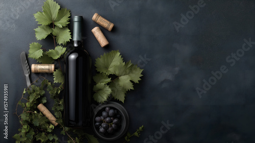 Wine Bottle with Grapes and Corks: A dark-colored wine bottle stands upright, surrounded by fresh green grape leaves, dark grapes in a bowl, and wine corks on a dark textured background.