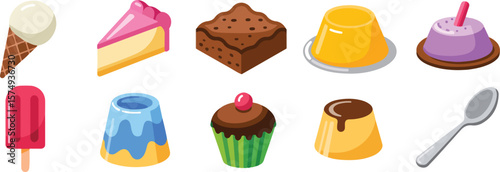 Assorted colorful desserts and sweet treats including ice cream cone slice of cake chocolate brownie jelly pudding popsicle cupcake and spoon2025 bundle set download