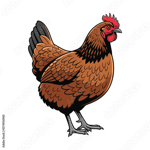 Brown hen standing profile view isolated on white background Art & Illustration