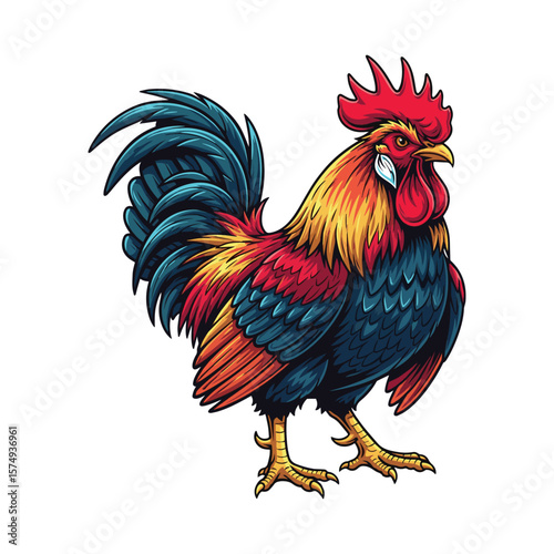 Vibrant colorful rooster standing proudly isolated on white background Art & Illustration
