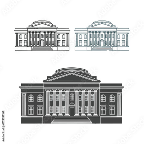 Classical building facade with columns and dome isolated on white background Art & Illustration