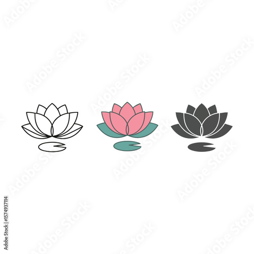 Three stylized lotus flower icons with different color fills isolated on white background Art & Illustration