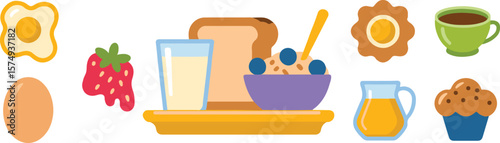 Breakfast food assortment with fried egg strawberry cereal milk juice coffee and muffin vector 2025 bundle set download