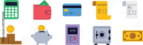 Calculator wallet credit card invoice bill coins piggy bank atm safe banknote vector 2025 bundle set download