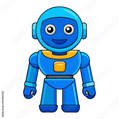 Blue robot with yellow accent and friendly expression cartoon character