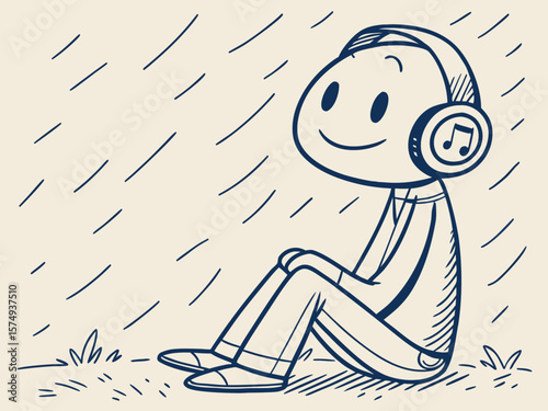 Vector illustration of a happy child sitting in the rain with headphones, enjoying music and tranquility in a whimsical setting