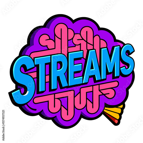 Vibrant streams lettering with purple and pink abstract shapes text word