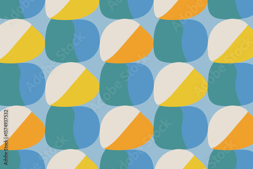 A repeating pattern of rounded shapes with two colors on a light blue background in a flat style
