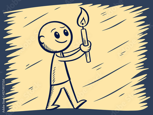 Vector illustration of a cheerful stick figure walking with a lit candle, symbolizing discovery and illumination in a vibrant style