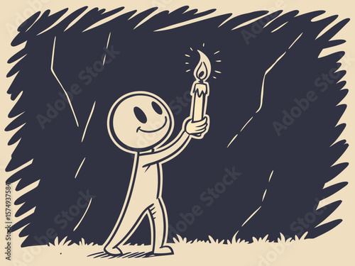 Vector illustration of a happy stick figure holding a candle in a dark cave, symbolizing light, hope, and exploration