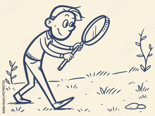 Vector illustration of an inquisitive boy exploring nature with a magnifying glass, symbolizing curiosity and discovery