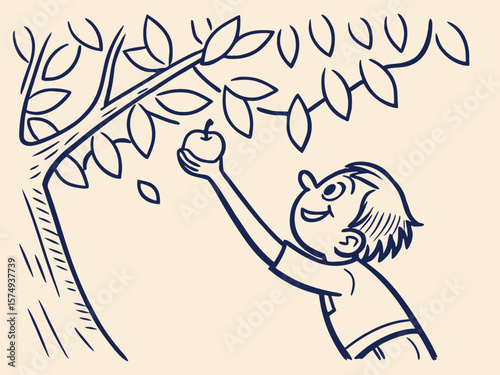 Vector illustration of a cheerful boy picking an apple from a tree, representing accomplishment and growth in a simple style