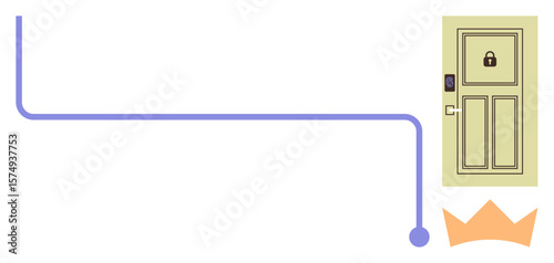 Locked wooden door with smart lock linked by blue path to a crown shape. Ideal for security, technology, protection, leadership, authority, privacy, and simple flat metaphor