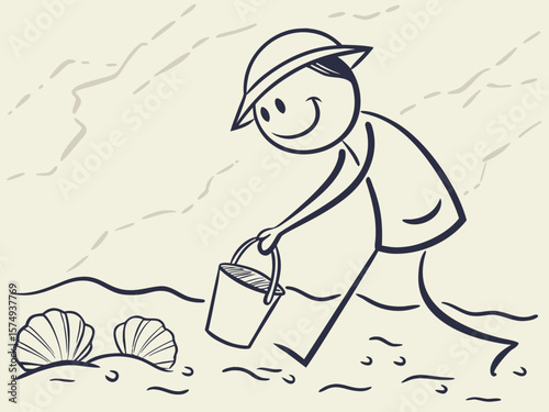Vector illustration of a joyful boy collecting seashells at the beach, representing exploration and summer fun