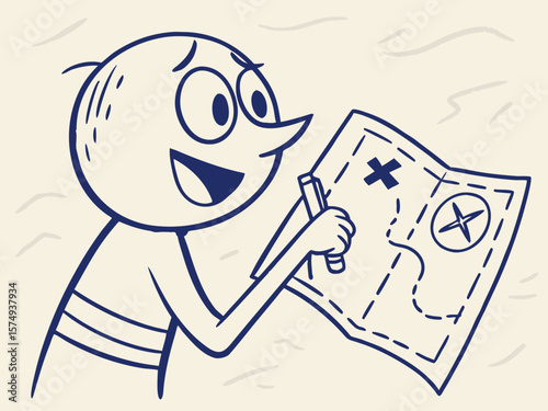 Vector cartoon character drawing a treasure map, expressing excitement and adventure on a simple backdrop
