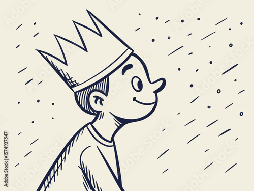 Vector drawing of a cheerful boy with a crown, expressing wonder and curiosity against a textured background