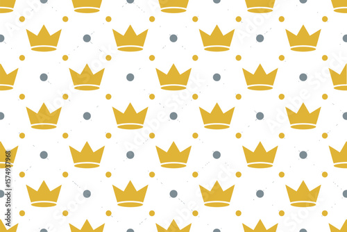A repeating pattern of golden crowns and gray dots on a white background with connecting dotted lines