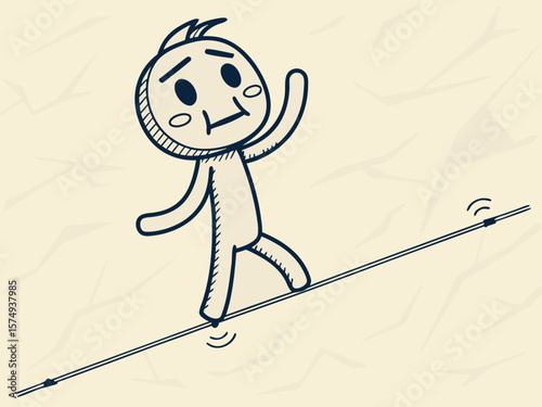 Vector character balancing on a tightrope, showcasing humor and perseverance, on a minimalistic background