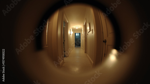 Narrow hallway view through a peephole with soft lighting  