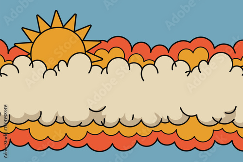 A cartoon sun shining above a layer of orange and yellow clouds with a large beige cloud above