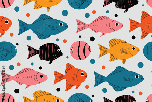 A colorful pattern featuring stylized fish and dots scattered across a light background design art